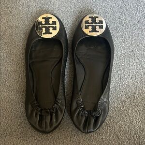 Tory Burch Minnie Black Leather Flats with Silver Logo